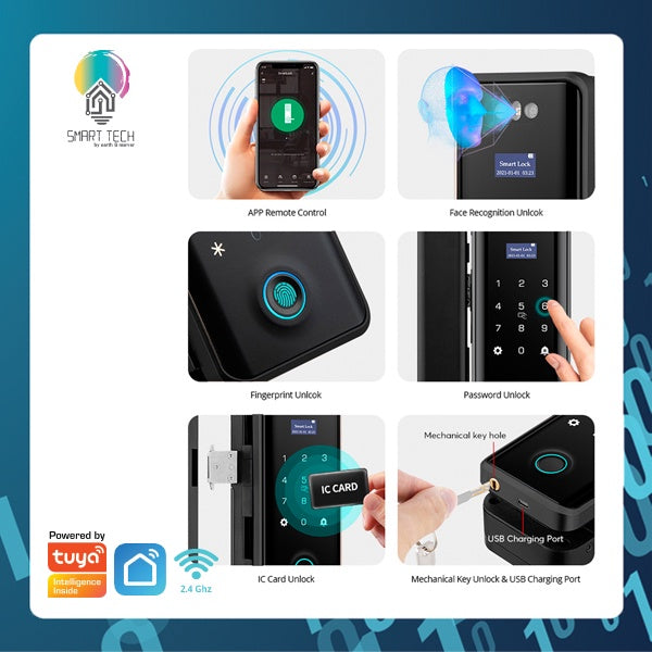 (Local Stock) Tuya / Smartlife App Biometric RFID Card Fingerprint Facial Recognition Smart Face Glass Door 8 to 12mm Lo