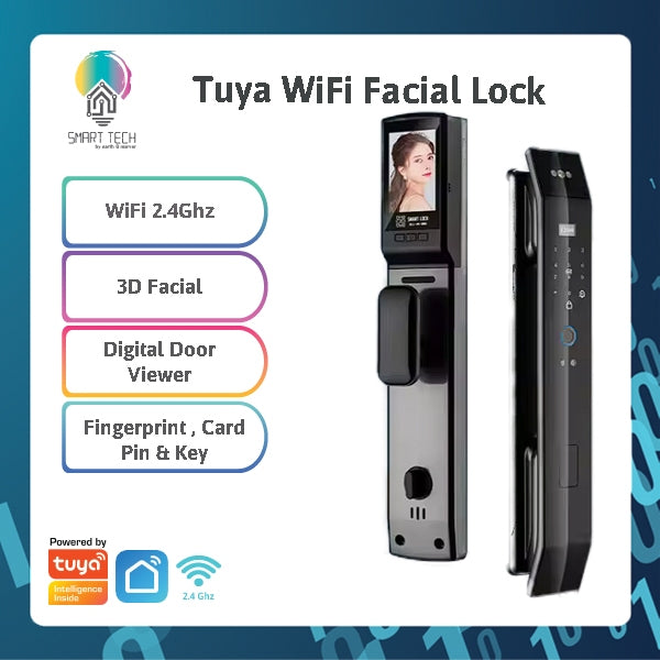 Smart Tech Tuya Smart WiFi 2.4Ghz 3D Facial Door lock with Key Card , Fingerprint , Pin Code , Peep Hole