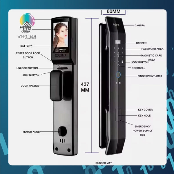 Smart Tech Tuya Smart WiFi 2.4Ghz 3D Facial Door lock with Key Card , Fingerprint , Pin Code , Peep Hole
