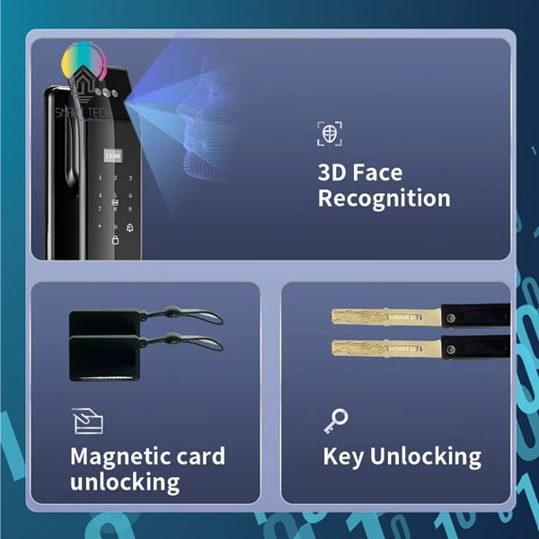 Smart Tech Tuya Smart WiFi 2.4Ghz 3D Facial Door lock with Key Card , Fingerprint , Pin Code , Peep Hole