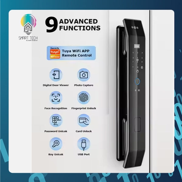 Smart Tech Tuya Smart WiFi 2.4Ghz 3D Facial Door lock with Key Card , Fingerprint , Pin Code , Peep Hole