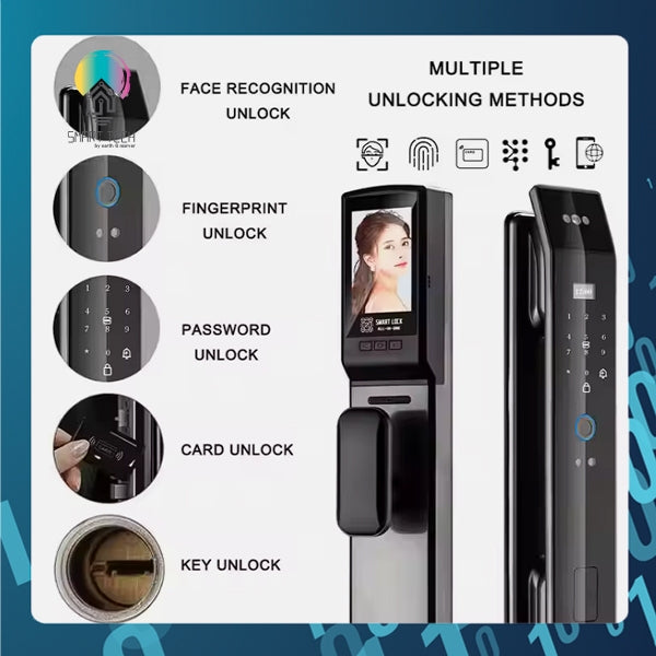 Smart Tech Tuya Smart WiFi 2.4Ghz 3D Facial Door lock with Key Card , Fingerprint , Pin Code , Peep Hole