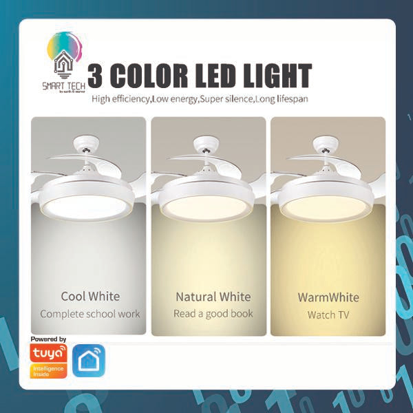 Tuya Smart 42inch retractable 4 blades ceiling fan with LED light and remote control