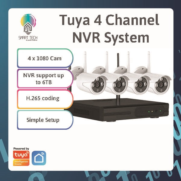 SMART TECH®  Tuya WIFI 4CH 1080P Wireless Security Camera System, 4Channel NVR + 4PCS 1080P 2.0MP Indoor Outdoor IP Cam
