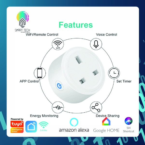 SMART TECH® Tuya Smart 3 pin plug 15A Energy Monitoring, Remote ON/OFF , WiFi 2,4Ghz