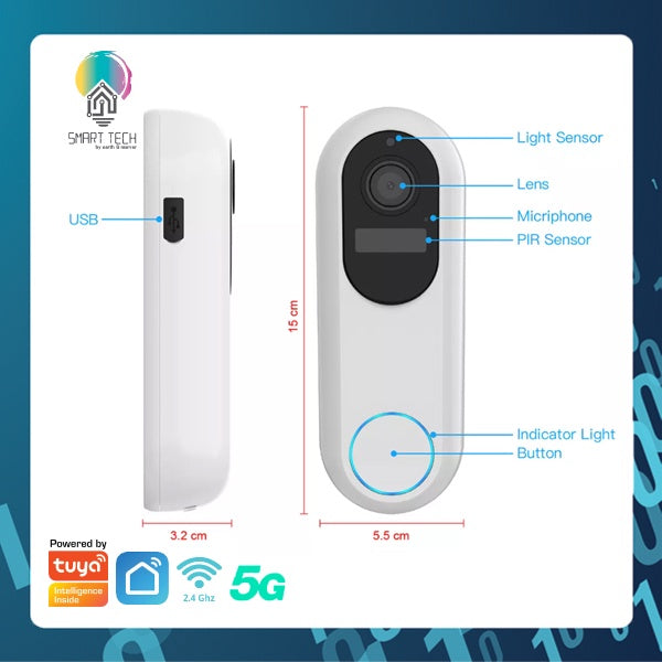 SMART TECH® Tuya Wifi Smart Video Doorbell Door Viewer 1080HD Wide-angle 2-Way communication