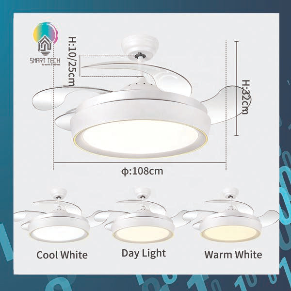 Tuya Smart 42inch retractable 4 blades ceiling fan with LED light and remote control