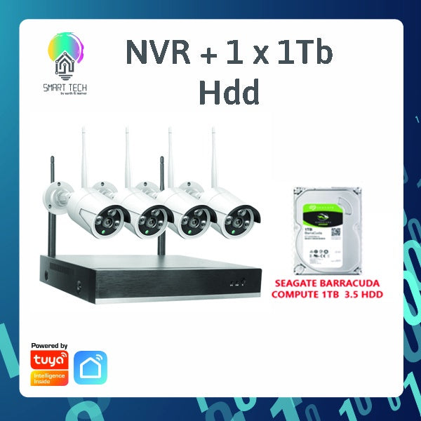 SMART TECH®  Tuya WIFI 4CH 1080P Wireless Security Camera System, 4Channel NVR + 4PCS 1080P 2.0MP Indoor Outdoor IP Cam
