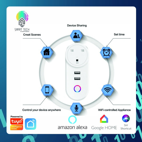 SMART TECH® Tuya WiFi UK Socket Remote Control Wireless Power Socket with USB Ports / USB Plug