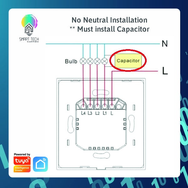 SMART TECH® Smart Switch Tuya Wifi BLE No Neutral Wire, Capacitor Needed Smart Life Alexa and Google Assistance