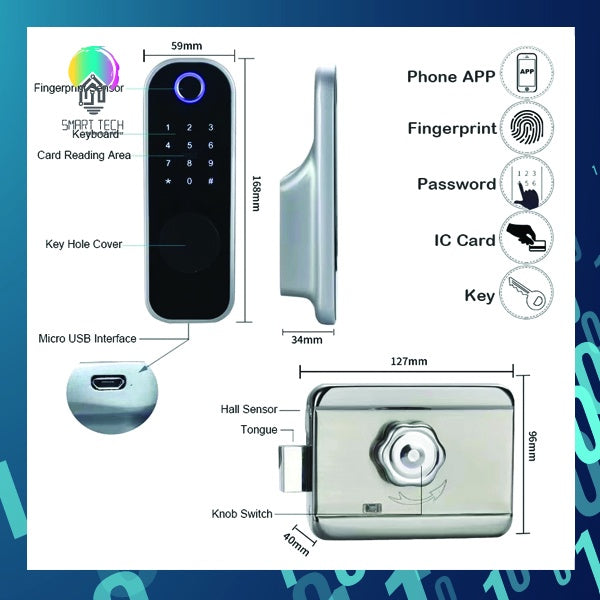 SMART TECH®  Biometric Tuya Smart Door Lock Aluminium Alloy WiFi Wireless Fingerprint Password RFID Card Key App Unlock Digital Locks