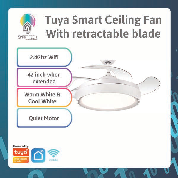 Tuya Smart 42inch retractable 4 blades ceiling fan with LED light and remote control