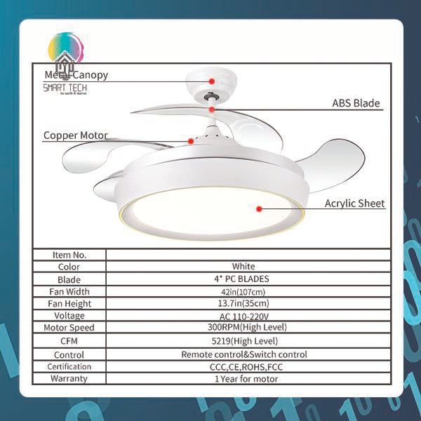 Tuya Smart 42inch retractable 4 blades ceiling fan with LED light and remote control