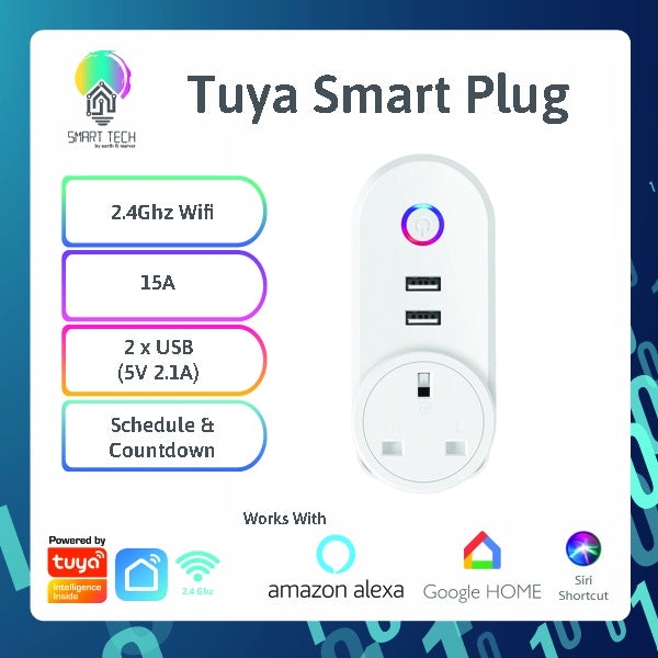 SMART TECH® Tuya WiFi UK Socket Remote Control Wireless Power Socket with USB Ports / USB Plug