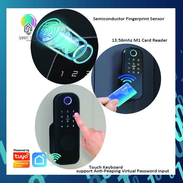 SMART TECH®  Biometric Tuya Smart Door Lock Aluminium Alloy WiFi Wireless Fingerprint Password RFID Card Key App Unlock Digital Locks