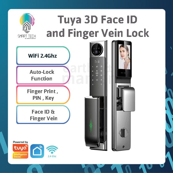 SMART TECH® Tuya 3D Face ID Wif Smart Lock App Finger Vein Lock Code Card Video Calling Smartlife Wechat Digital Lock