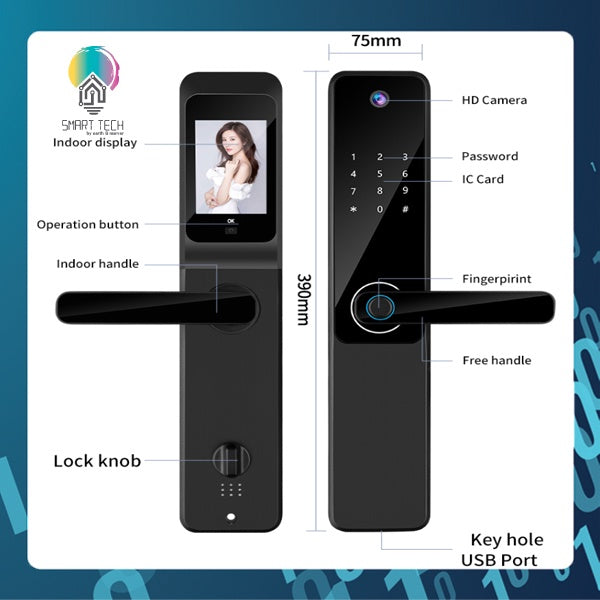 SMART TECH® Tuya Smart Wifi Digital Door Lock Biometric Fingerprint Password Card Key with inner screen