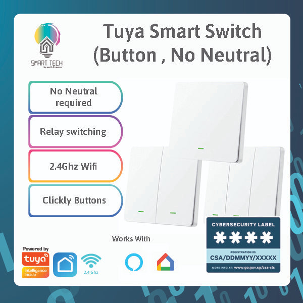 SMART TECH® Smart Switch Tuya Wifi BLE No Neutral Wire, Capacitor Needed Smart Life Alexa and Google Assistance