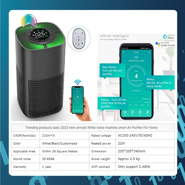 SMART TECH® Tuya Smart Air Purifier Active Carbon HEPA-13 App remote control with white noise lullaby