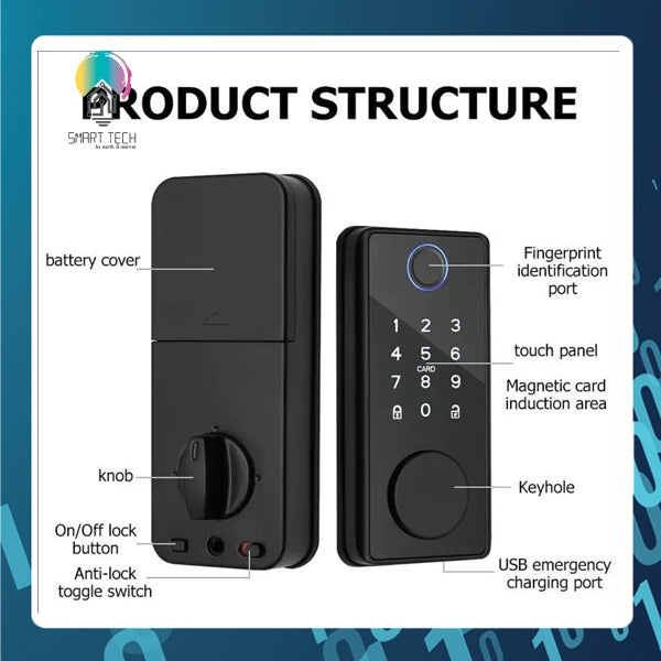 SMART TECH® Tuya WiFi 2.4Ghz App Digital Biometric Fingerprint Code Card Key Smart Door Lock for Home Tuya Smartlife